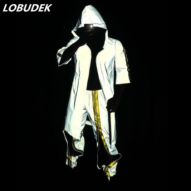 

Men's Hip Hop Reflective Hoodies Pants Set Long Coat Trousers 2-Pieces Bar Nightclub Male Singer Dancer DJ Fluorescence Costume