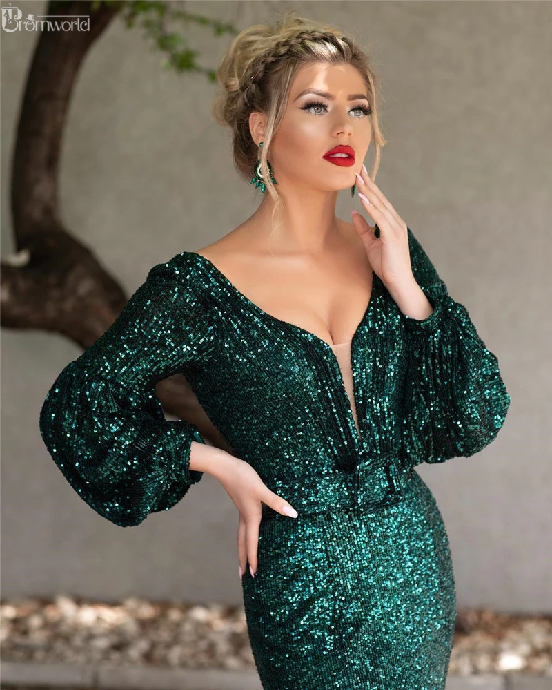 Vestidos de noite muçulmanos sem costas, decote em V longo, mangas completas, vestidos sexy sereia, vestidos formais, verde