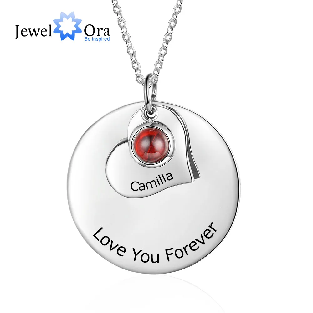 Personalized Engraved Round Disc Pendant Necklace Custom Birthstone Heart Necklaces for Women DIY Birthday Gift (NE103781)