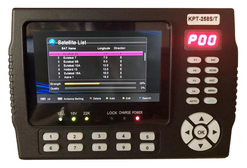 KPT-258ST ตัวค้นหามิเตอร์ดาวเทียมดิจิตอลแบบคอมโบ DVB-C T2 DVB-S2ตัวค้นหาสัญญาณ H.265ตัวค้นหาสัญญาณที่เครื่องระบุตำแหน่งดาวเทียมกล่องรับสัญญาณ