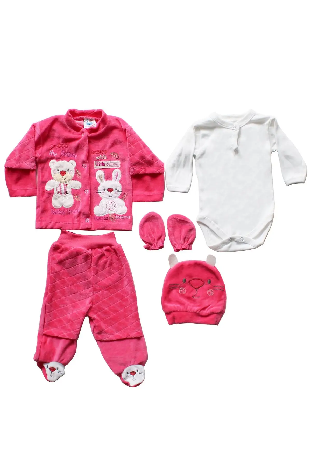 Catch Leaves Velvet 5 Piece Baby Suit-Fuchsia