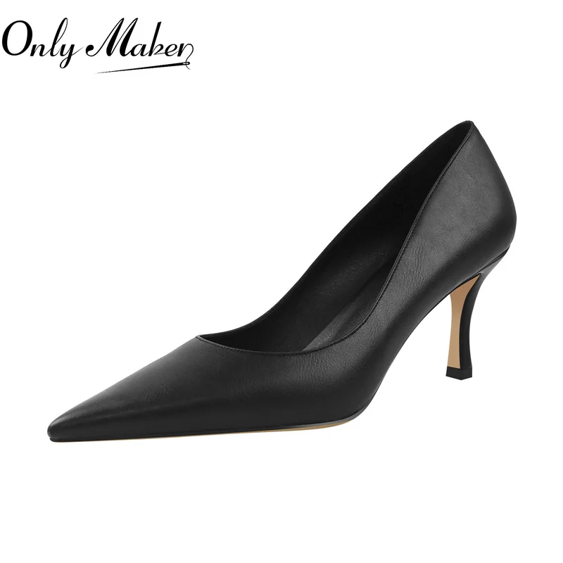 Onlymaker Women Pointed Toe Office Lady Slip on Thin High Heels Black Matte PU Pumps Elegant Concise Party Dress Pumps