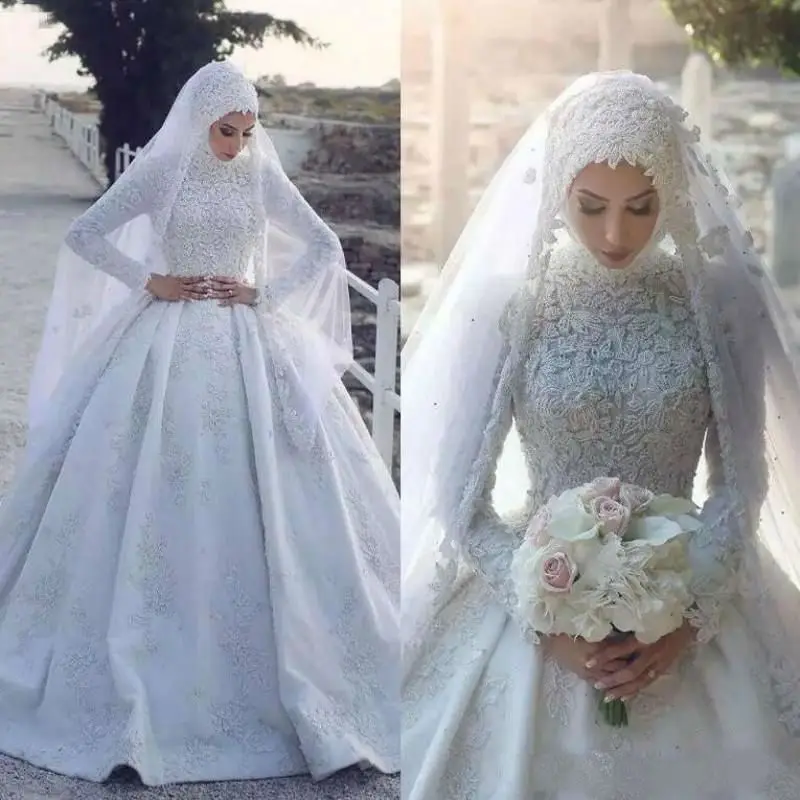 2020 vestido de casamento muçulmano mangas compridas rendas appliqued varredura trem vestidos de noiva novia