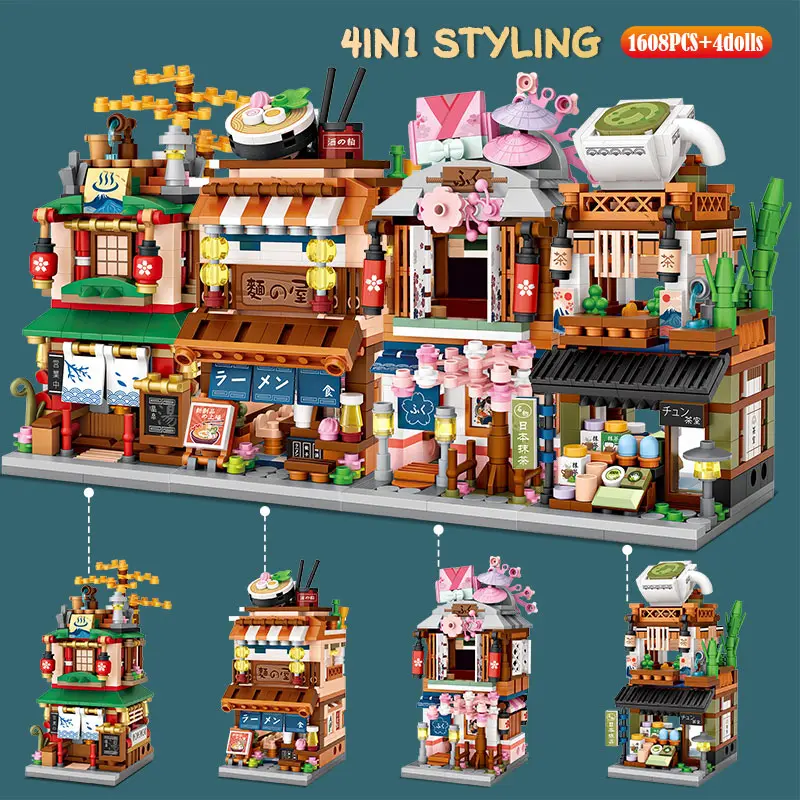 Mini City Street View Noodle Shop casa de bloques de construcción 4 en 1 arquitectura japonesa amigos figuras ladrillos juguetes para niños