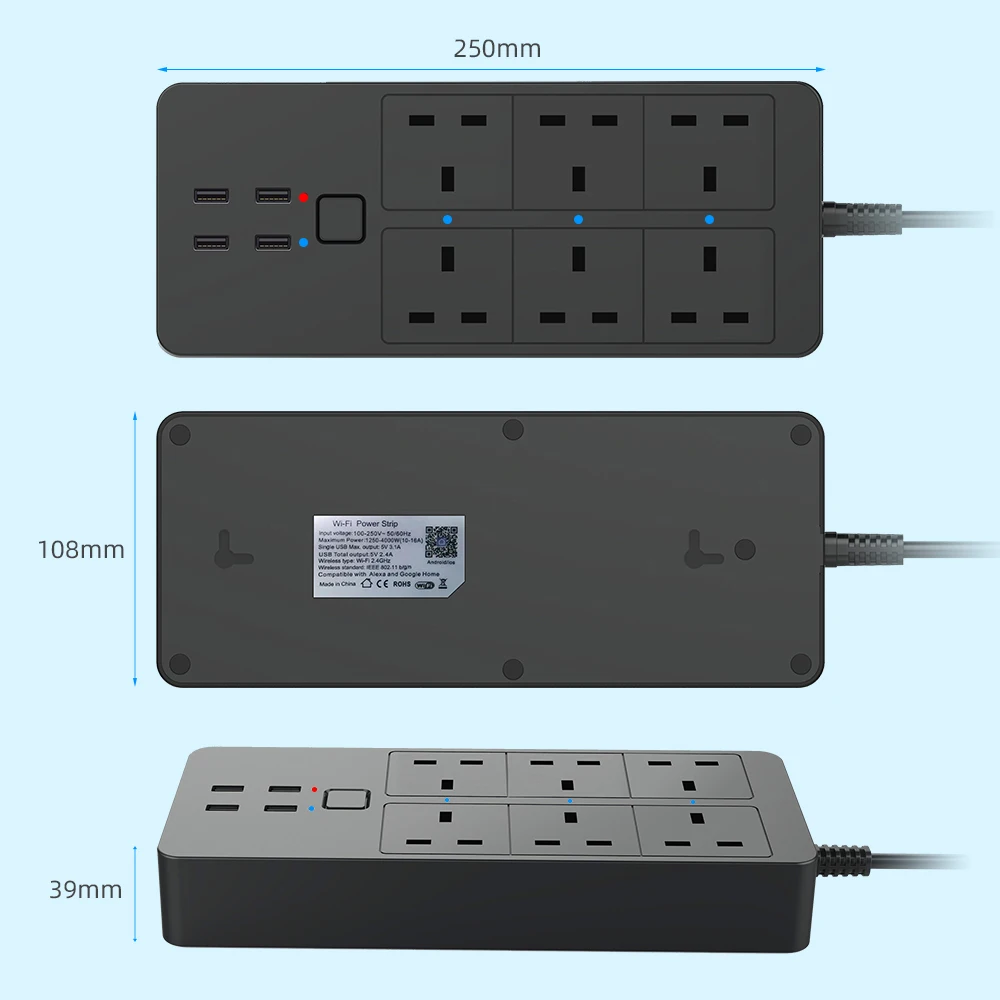 Smart Wifi  Power Strip 6 UK 4 USB Plug 5V3.1A Charging Port Timing Bluetooth Control with Alexa Google Home Assistant