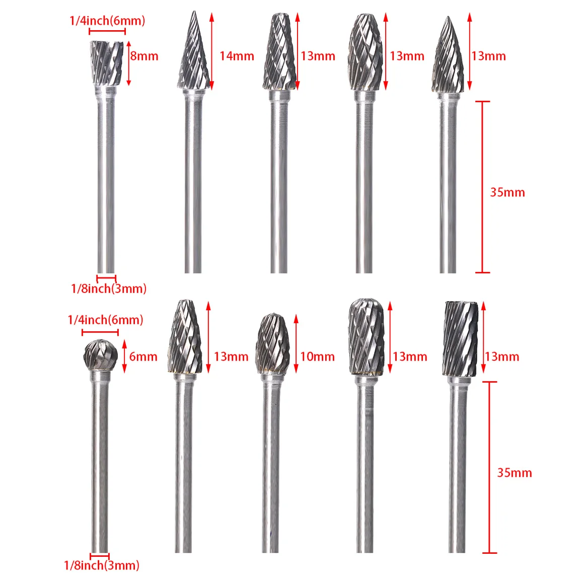 10ชิ้น/เซ็ต1/8 "Shank ทังสเตนคาร์ไบด์เครื่องตัดโรตารี่ Burr Double Diamond Cut โรตารี่เครื่องมือไฟฟ้า