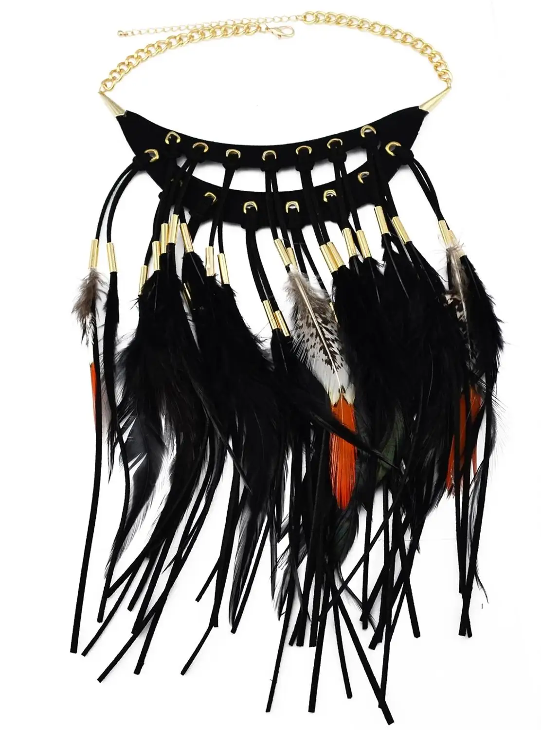 Black Brown Long Feather Pendants Indian Ethnic Necklace Vintage Bohemia African Hyperbole Hippie Charm Collar Statement Jewelry