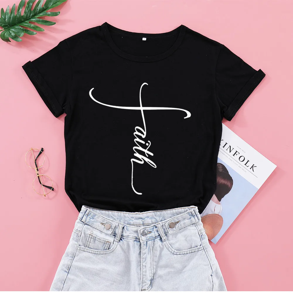 Faith Christian Blessed Hope Believed Fashion Letters Aesthetic T-Shirts Women O-neck Short Sleeve Top Tees T Shirts for Ladies