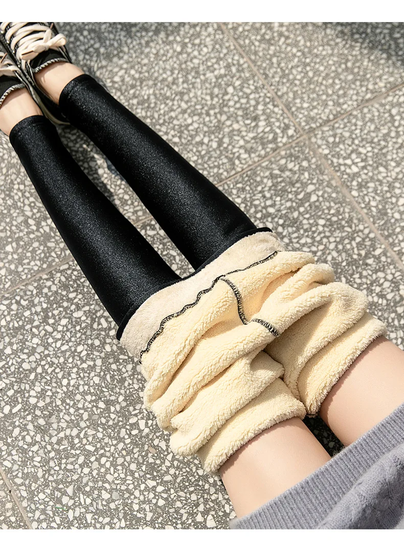 Stretchy Lambskin Cashmere Pants Push up leggings Women Black Sexy Leggins Shiny Legging Winter Thick Wool Fleece Slim Leggings