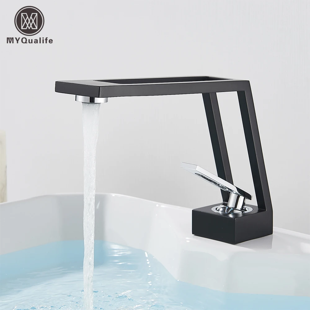 MYQualife Black Basin Brass Sink Faucet Bathroom Mixer Tap Single Handle Hot Cold Water Deck Mounted Vanity Sink Faucet Crane