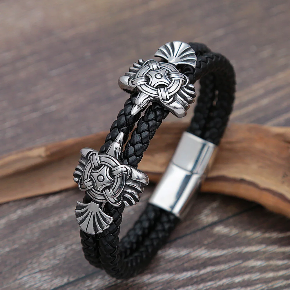 Vintage Odin Crow Bracelet Men Nordic Stainless Steel Celtics Knot Leather Bracelet Biker Amulet Fashion Jewelry Gift Wholesale