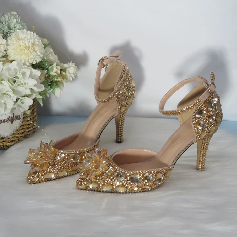 Customized Champagne Golden crystal women Wedding shoes Rhinestone high heels ankle strap shoes women party dress shoes