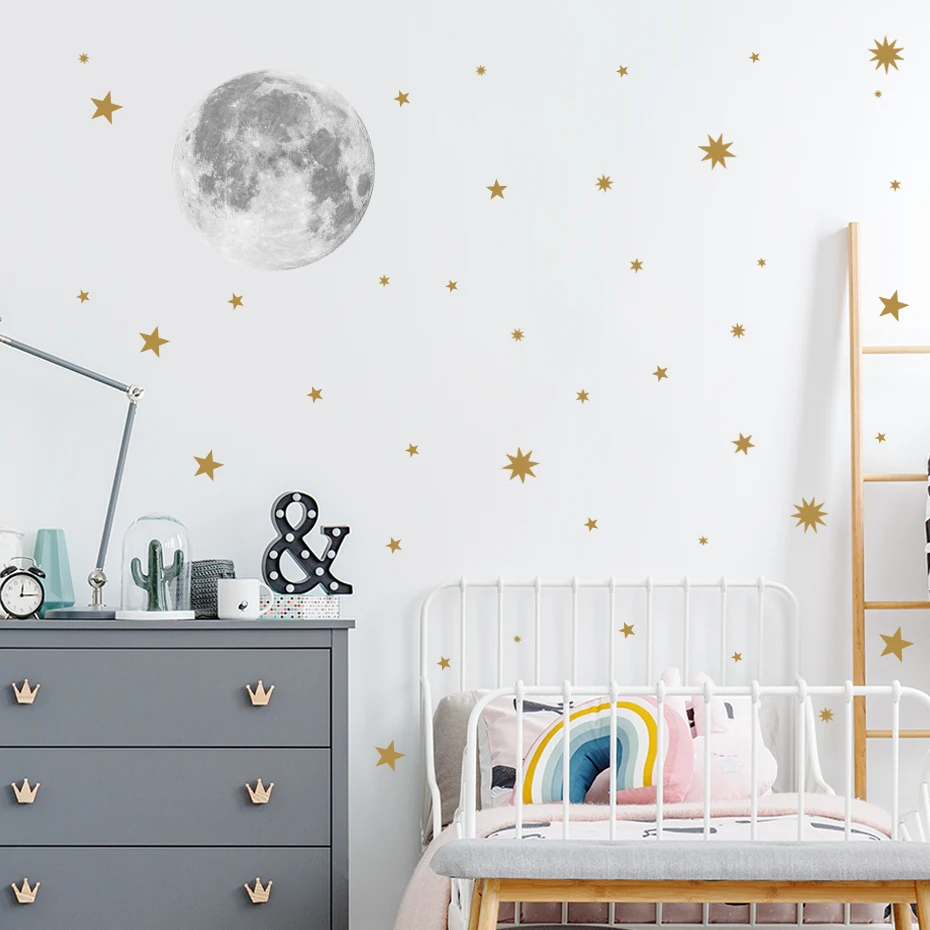 

Cartoon Moon Gold Stars Wall Sticker Vinyls Nursery Kids Wall Decals Childrens Room Wallpaper Posters Interior Home Decoration