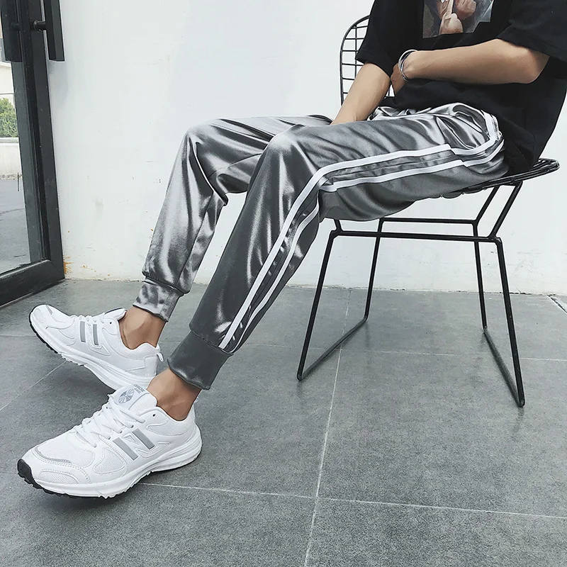 New Mens Summer Smooth Fabric Cropped Trousers Ice Silk Casual Pants Thin Silk Stripe Male Sports Pants