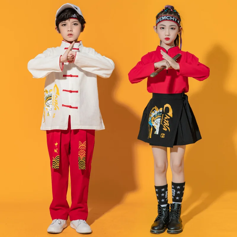 Hanfu chino tradicional de Año Nuevo, camisa blanca y roja, Top negro, pantalones, falda para niñas y niños, traje de actuación de baile de escenario, ropa