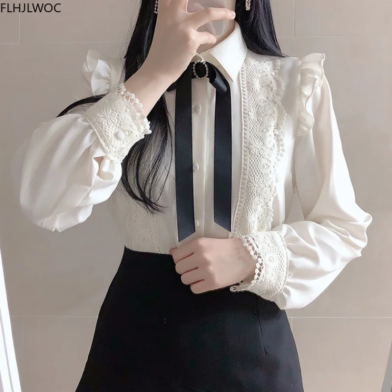 Ruffled Autumn Spring Basic Office Lady Work Wear Women Single Breasted Button Solid Peter Pan Collar Top White Shirts Blouses