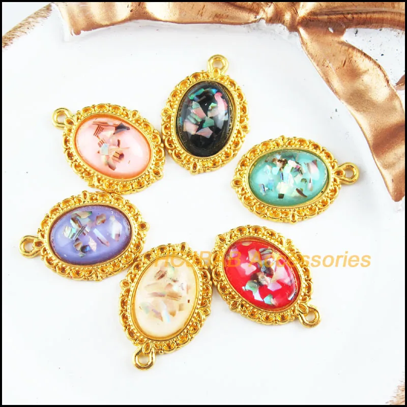 12 New Flower Charms Gold Color Oval Resin Mixed Pendants 16x23mm