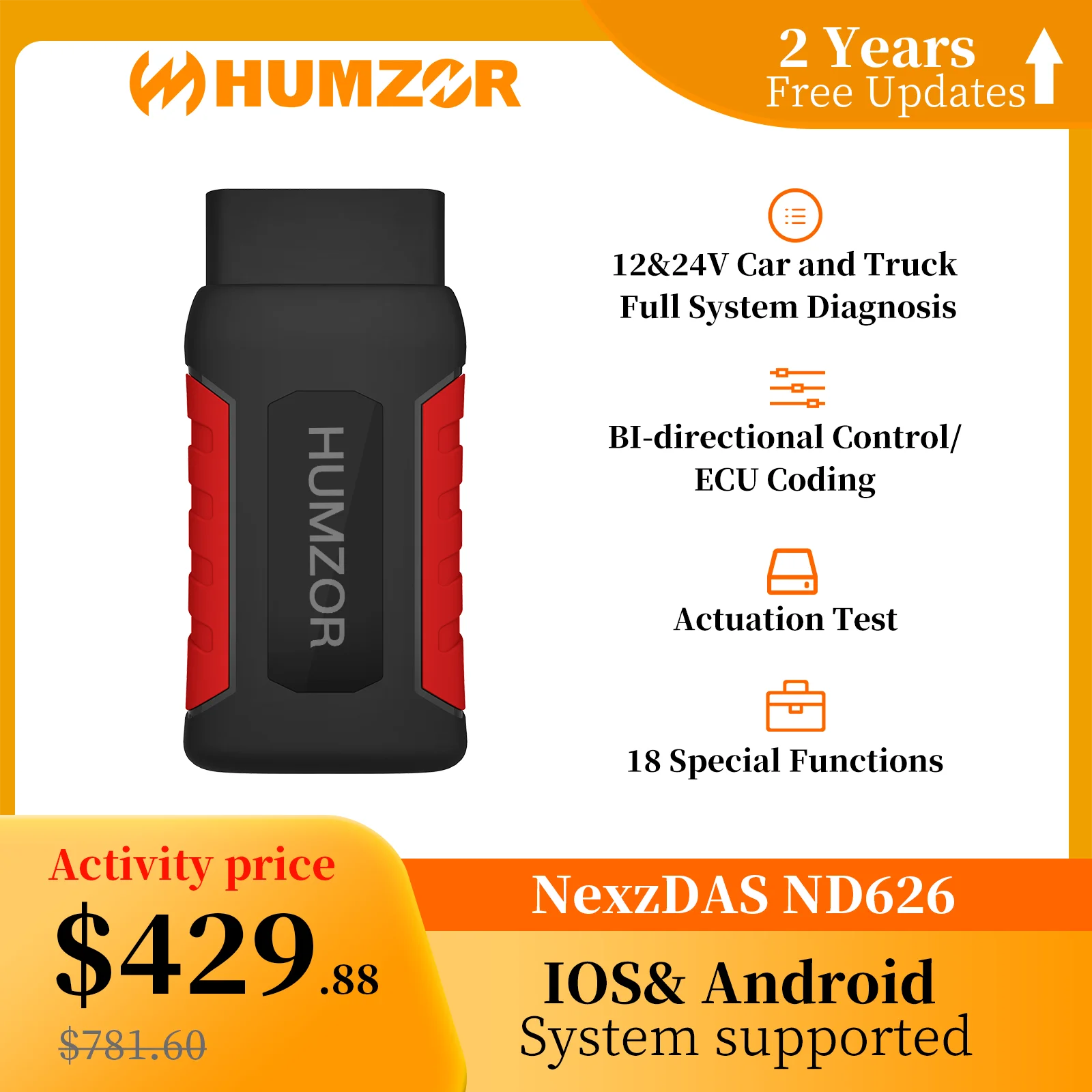 Humzor ND626 Professional OBD2 Automotive Code Reader Car Diagnosis OBD2 Scanner Heavy Duty Truck Diagnostic Tool