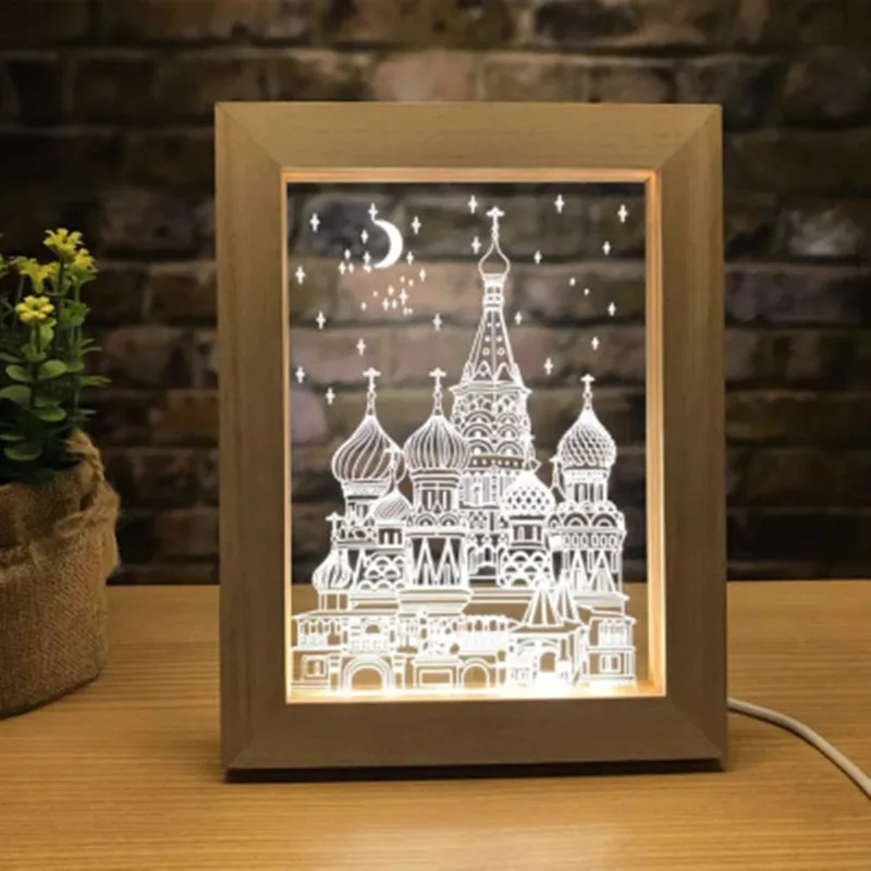 Creative Light LED Photo Frame Wooden Table Lamp Home 3D Night Light Crafts Ornaments Souvenir USB Interface