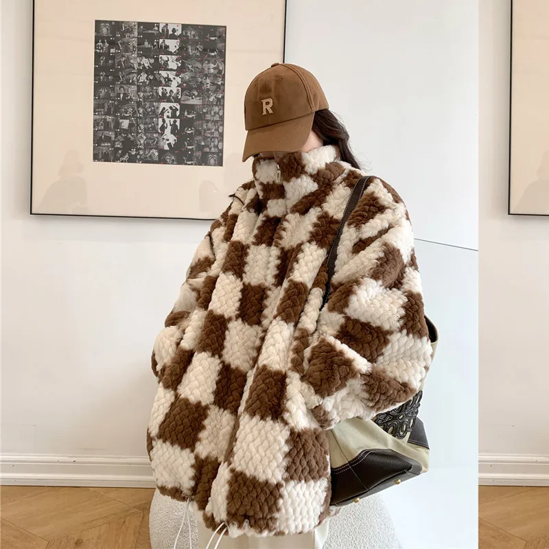 High Quality Women Plaid Weave Faux Rabbit Fur Coat Stand Collar Long Sleeve Winter New Brown Green Casual Warm Soft Fur Outwear