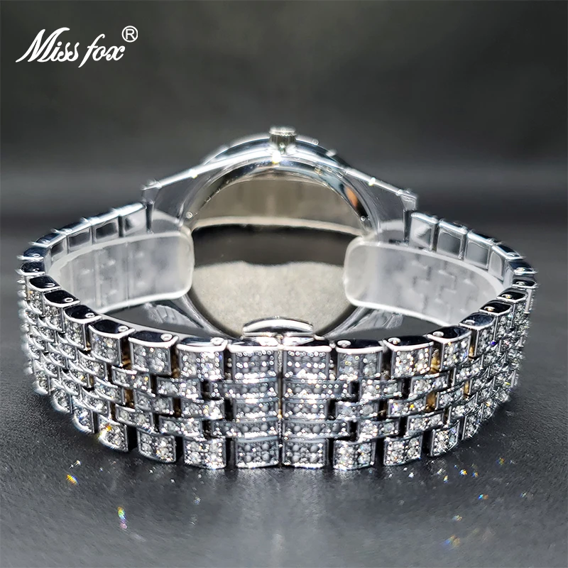 MISSFOX-Relógio de diamante gelado para mulheres, relógios vestido de festa rosa, estilo quente, presente surpresa para senhoras, diamante, luxo