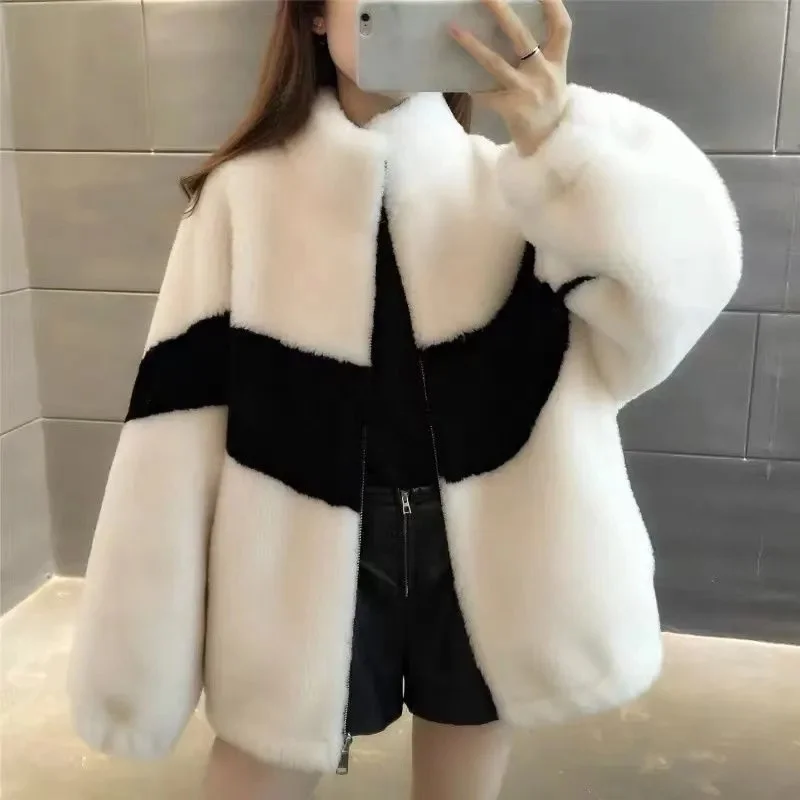 2024 New Plus  Thickened  Lamb Hair Particles Stand-Up Collar Sweatershirt Women Color Matching Imitate Rabbit Fur Coat Zipper