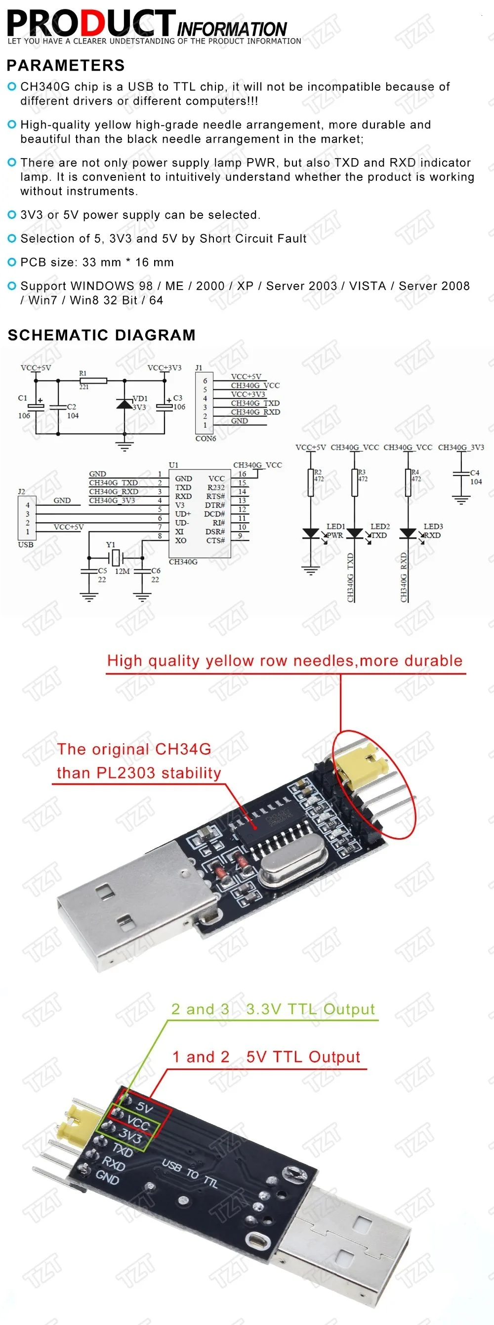 TZT 1/2/5 Stück USB zu TTL Konverter UART Modul CH340G CH340 3,3V 5V Schalter – Detail 1