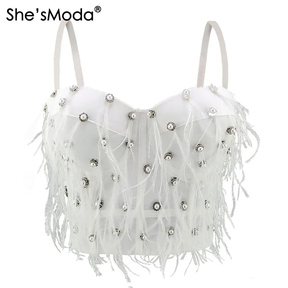 

She'sModa Luxury Feather Beads Bustier Push Up Night Club Bralette Women's Floral Bra Cropped Top Vest Corset Plus Size