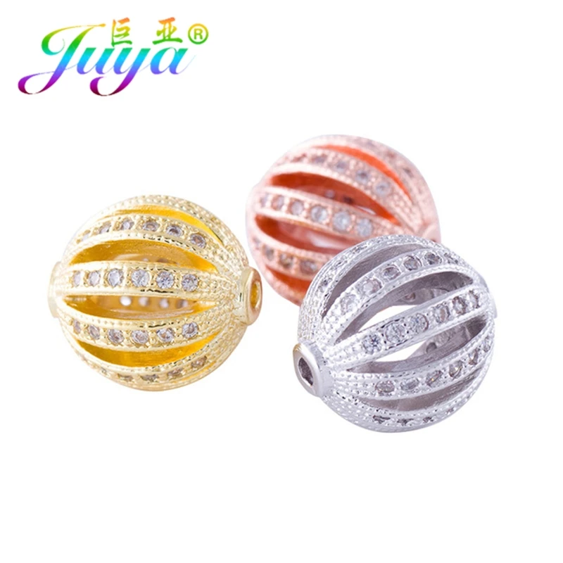 Juya DIY 12mm Charm Beads Supplies Micro Pave Zircon Hollow Metal Ball Beads Accessories For Natural Stones Beads Jewelry Making