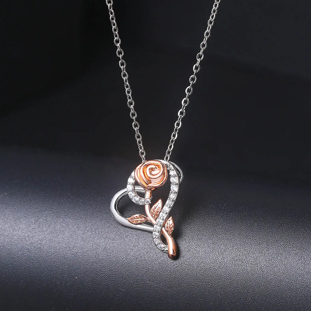 Rose Flower Pendant Heart Necklaces For Women Two-tone Zircon Aesthetic Jewelry Gift for Mom Girls Wholesale N172