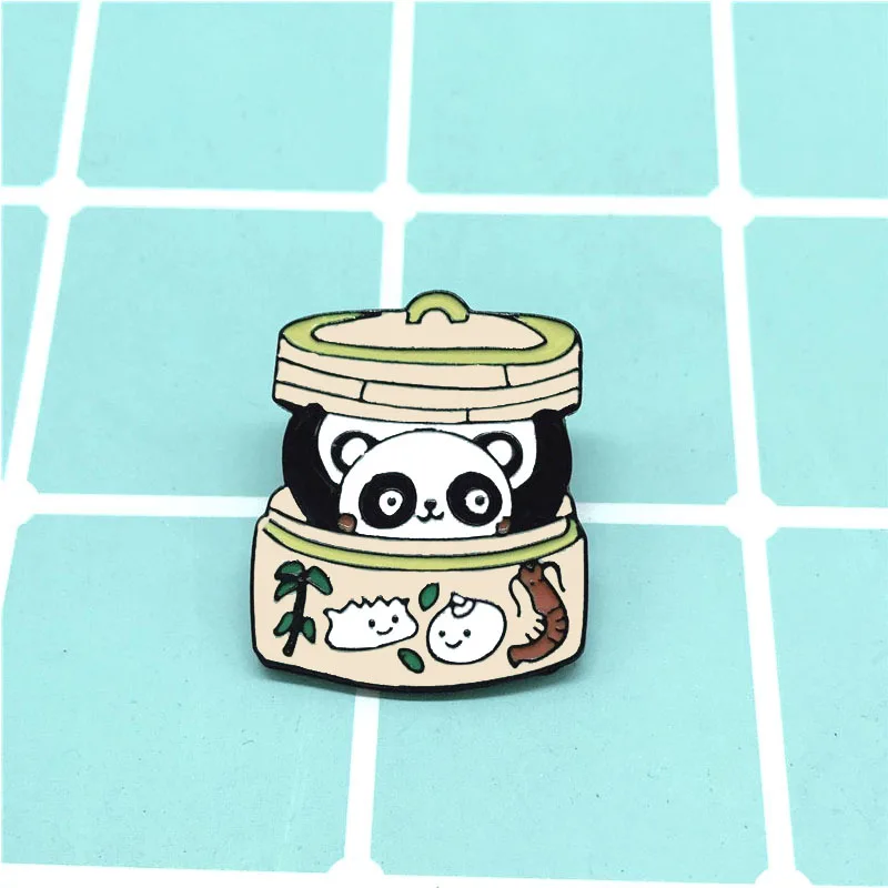 Cartoon panda enamel metal badge steam food panda brooch for women funny animal color pin jewelry enamel brooch backpack jewelry