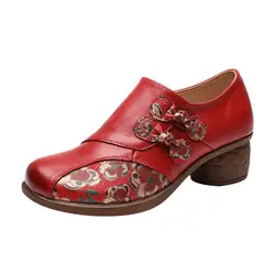 Sapatos de couro genuíno para mulheres, estampa de flores retro, sapatos Boho, nos saltos, vermelho, médio, designer, bombas de senhoras