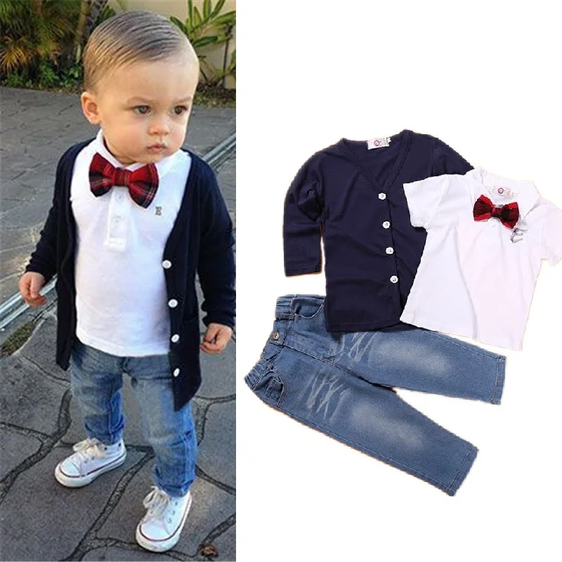 

Toddler Suits Boys Bowtie Tshirts Cardigan Jeans Baby Gentleman 3 Pieces Ses Kids Tops Children's Denim Long Pants Coat