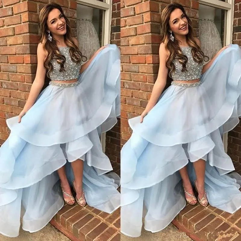 Vestido de baile de graduación de dos piezas, azul cielo claro, cuentas de cristal, alto y bajo, volantes escalonados, Formal, para desfile, de noche, quinceañera