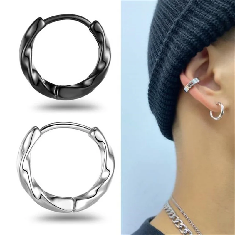 Boucles d'oreilles en argent Sterling 925 pour hommes, bijoux tendance, cerceaux ondulés, noir, blanc, accessoires, cadeau pour garçon