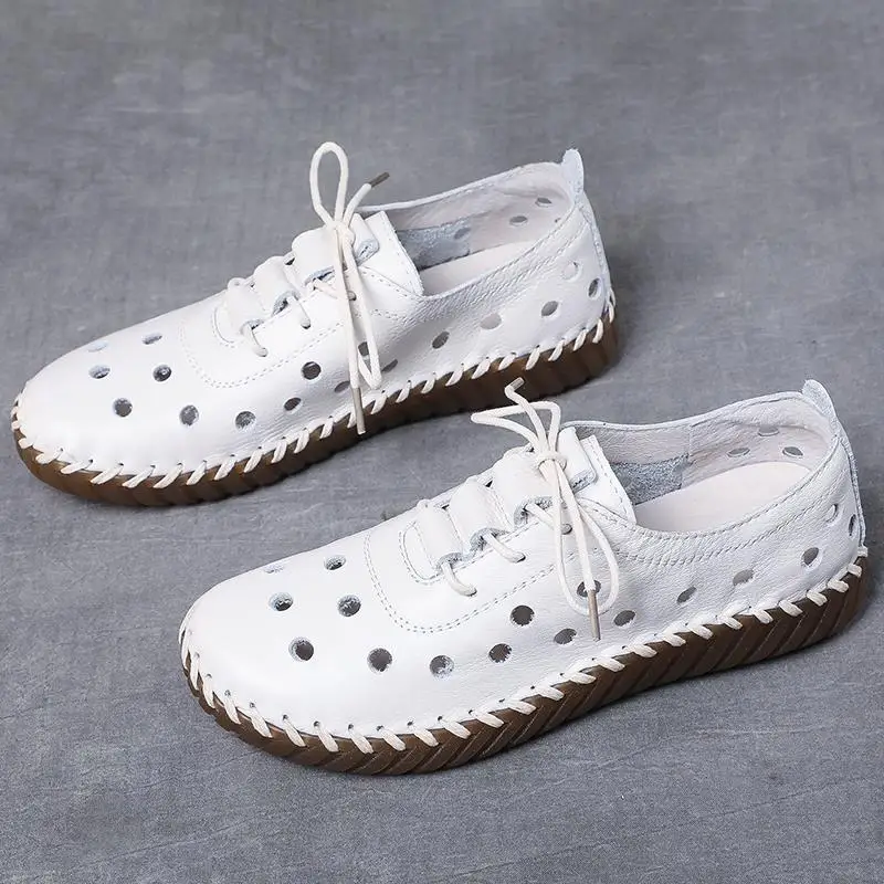 2021 Newest Designer Woman Flats Breathable Sew Oxford Sneakers Women Casual Lace Up Split Leather Hollow Moccasins Loafer Shoes