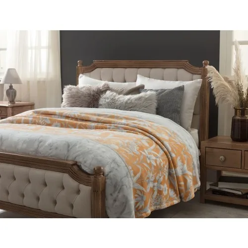 Madame Coco Antibes Welsoft Printed Double Bed Blanket-Gray/Orange