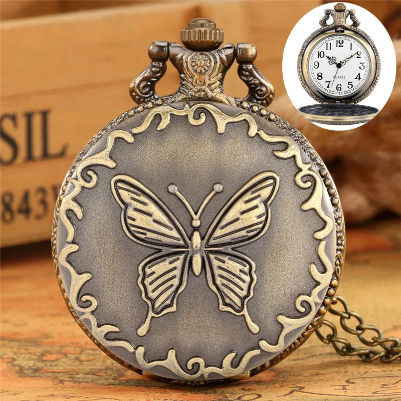 

Antique Vintage 3D Butterfly Pocket Watch Bronze Men Women Quartz Analog Watches Arabic Number Clock Necklace Chain Gift Reloj