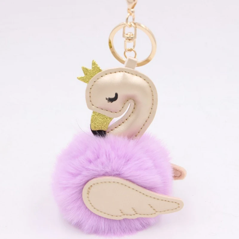 Cute Pompom Pink Flamingo Keychain For Women Fluffy Rabbit Fur Ball Swan Key Chain On Bag Car Trinket Wedding Party Girl Gift