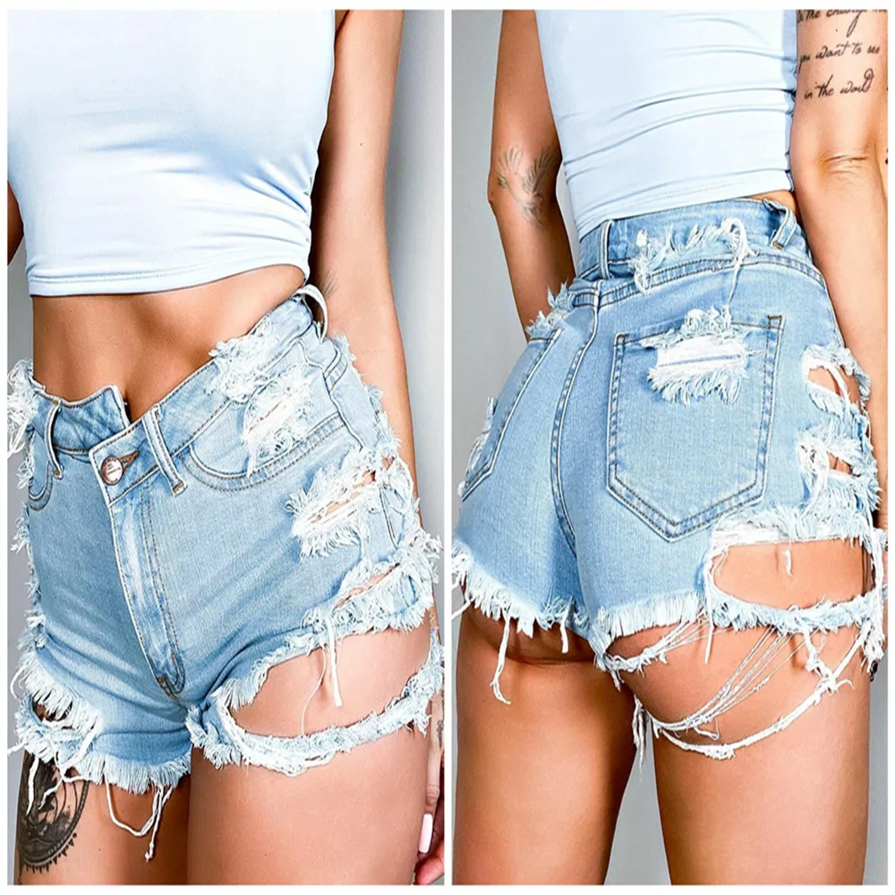 2022 New Summer Sexy Ripped Denim Shorts For Women Fashion High Waist Irregular Button Elastic Jeans Shorts S-2XL Drop Shipping