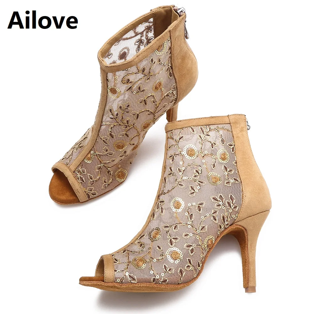 Ailove Women`s Social Ballroom Latin Salsa Dance Boots Plant Print Air-mesh Party Dancing Shoes with Bronze Flock Back Heel S057