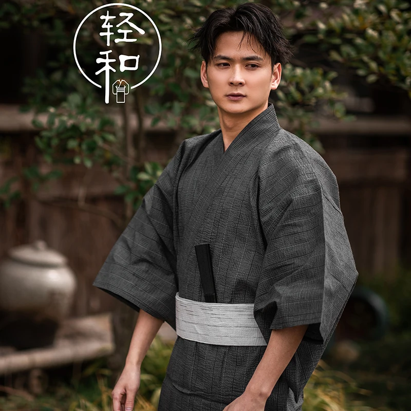 Traditional Japanese KIMONO Fashion YUKATA Summer Men Long Robes With Belt 95% Cotton Pajamas Set Male Sleepwear Bathrobe