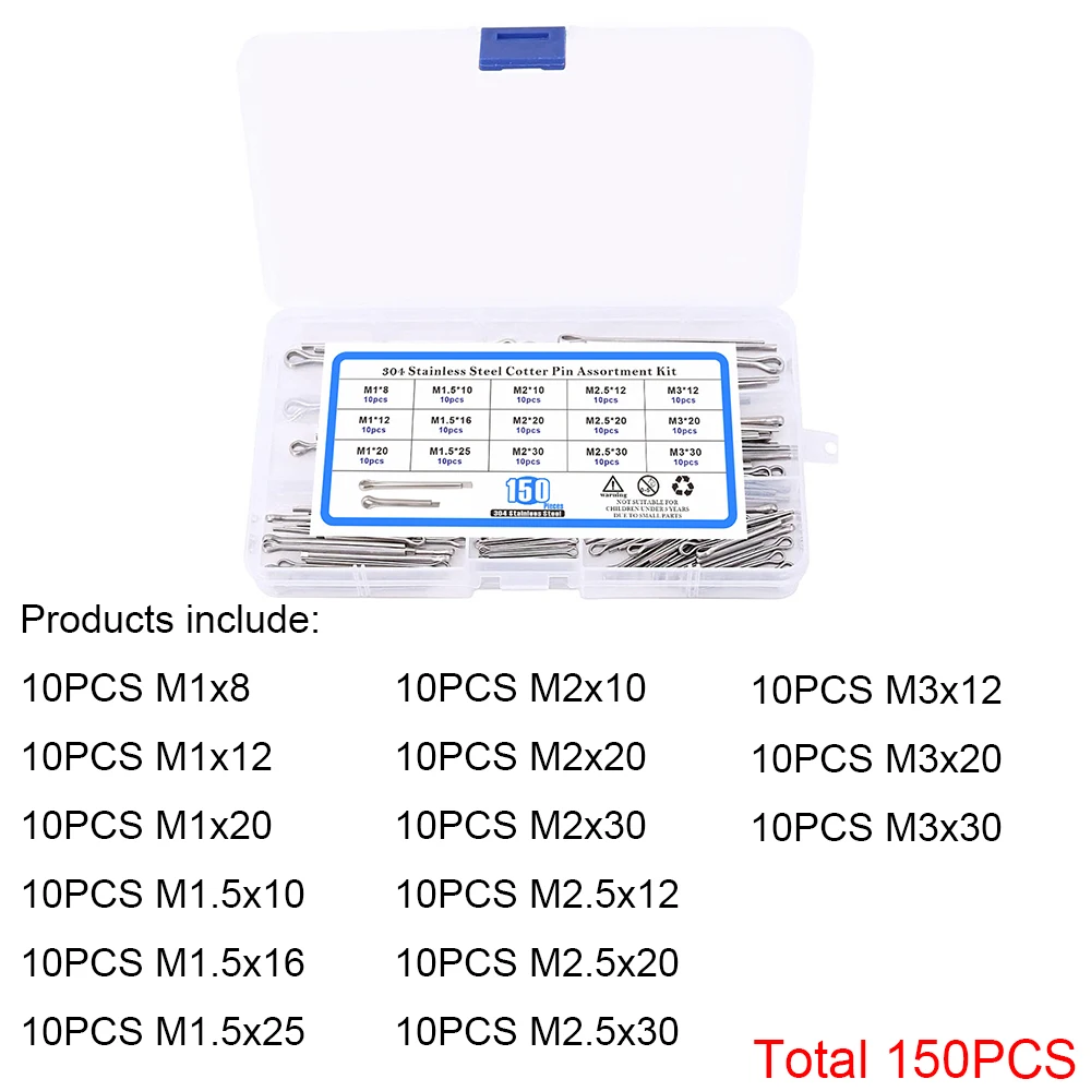 150PCS/Box M1 M1.5 M2 M2.5 M3 GB91 Sliver Split Pins Cotter Zinc Plated Steel Hard Case Link Split Cotter Pin Assortment Kit