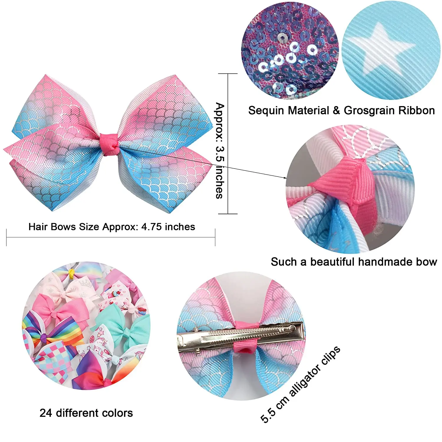 24Pcs 4.5Inch Bows for Girls Boutique Grosgrain Ribbon Rainbow Hair Bow Alligator Hair Clips Pigtail Bows Unicorn Hair Clips