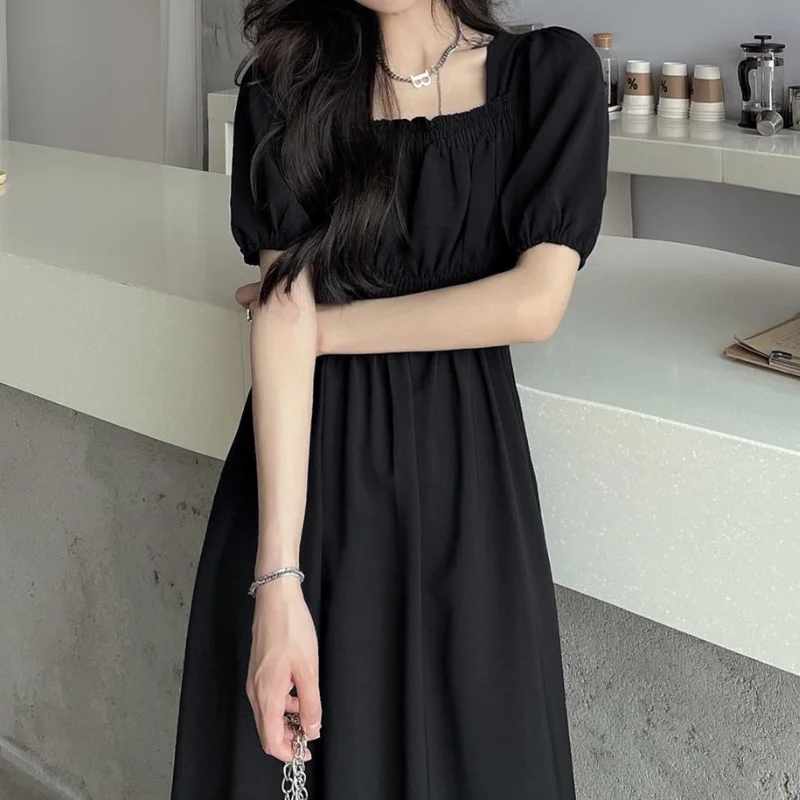 HOUZHOU Black Vintage Midi Dress Elegant Women Dresses Square Collar Puff Sleeve Oversized Loose Casual Sundress Female Robe