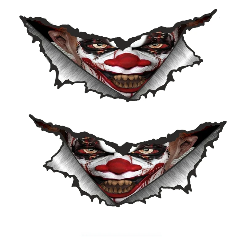 Interesting Large Pair Triangular Ripped Torn Metal Evil Horror Clown Motif Vinyl Car Sticker Motorcycle Car Decal 13*13cm