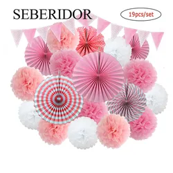 Mixed Size Hanging Paper Fan Tissue Pompom Kit Pink Blue For Boy Girl Baptism Birthday Party Favor Wedding Anniversary Decor