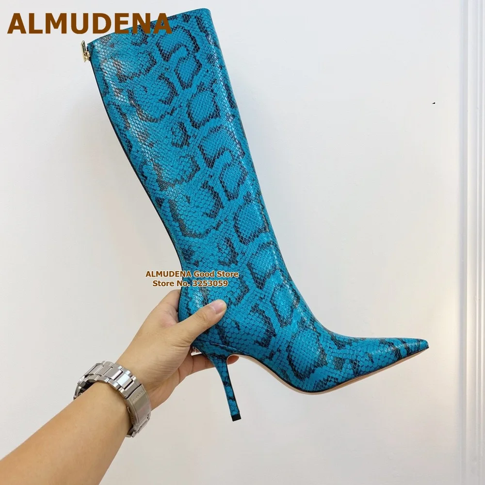 ALMUDENA Blue Yellow Snakeskin Knee High Boots Stiletto Heels Pointy Toe Long Boots Winter Dress Shoes Python Printed Heels