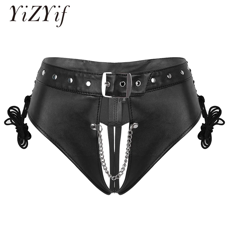 

Women Open Crotch Sexy Panties Lingerie PU Leather Crotchless Briefs Underwear Punk Lace-up Underpants Nightclub Sexy Costume