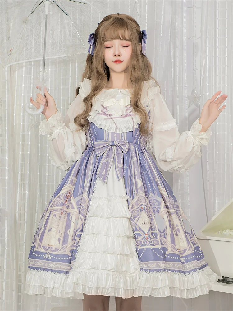 Ragazza gotica pizzo carino Bowknot abito Lolita nero volant elegante stampa palazzo Vintage dolce donna Cosplay Lolita Op Loli